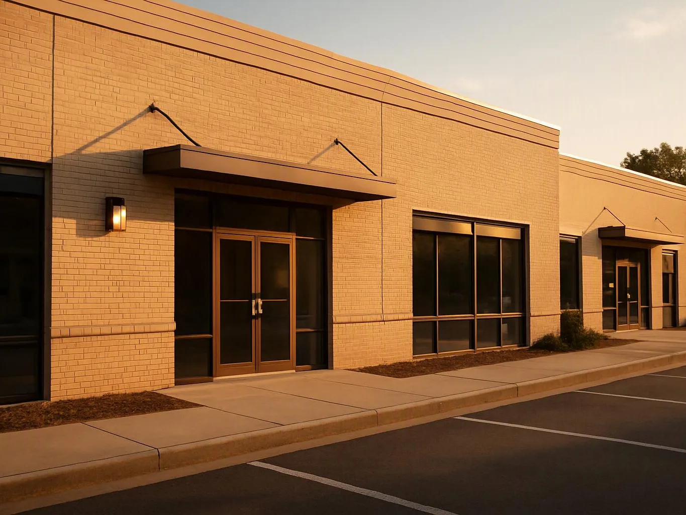 A beige brick commercial building with glass doors and windows sits beside an empty parking lot at sunset