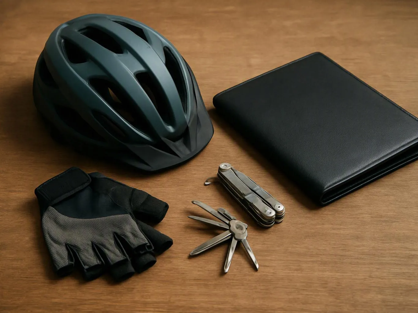 A bicycle helmet, folded wallet, gloves, and multitool lie on a wooden tabletop