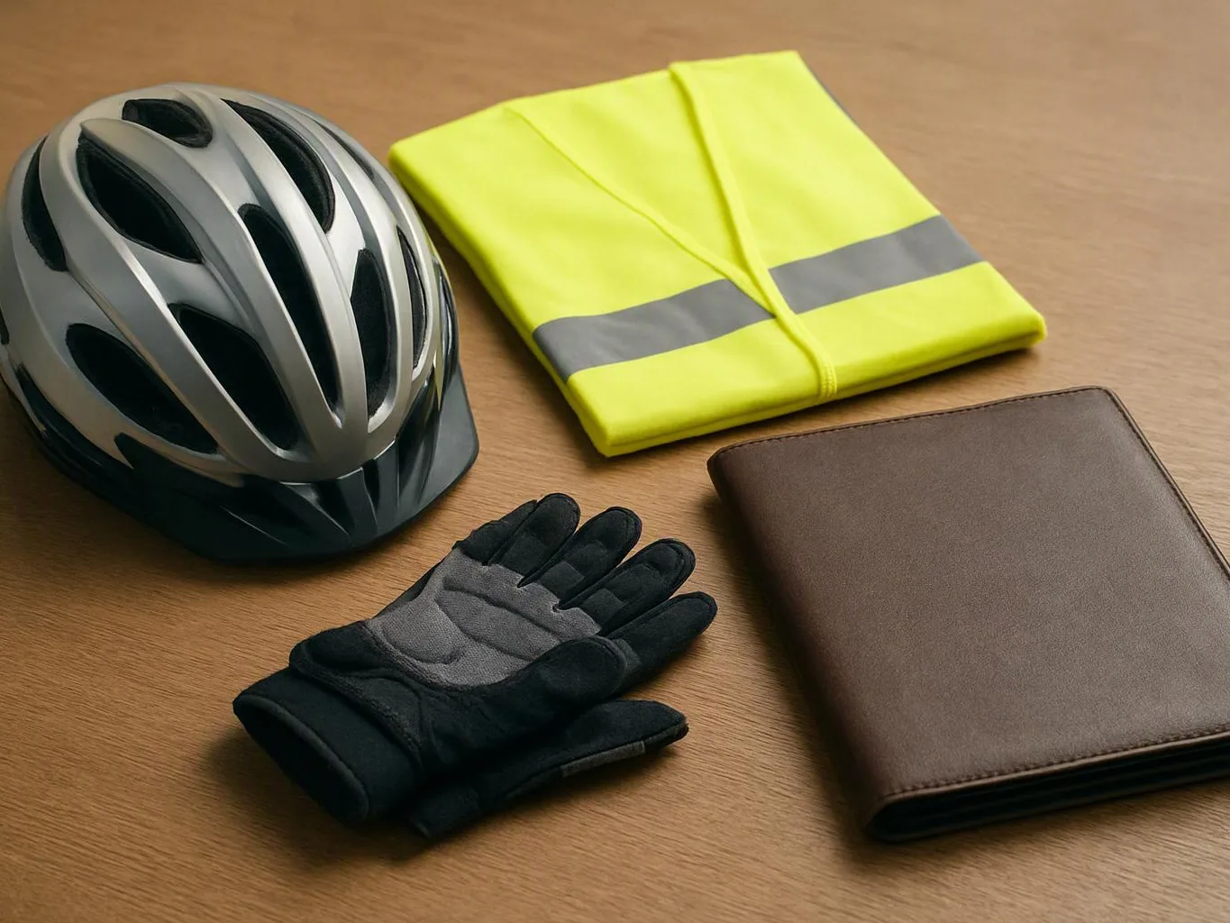 A bicycle helmet, reflective vest, gloves, and a brown notebook sit on a wooden table