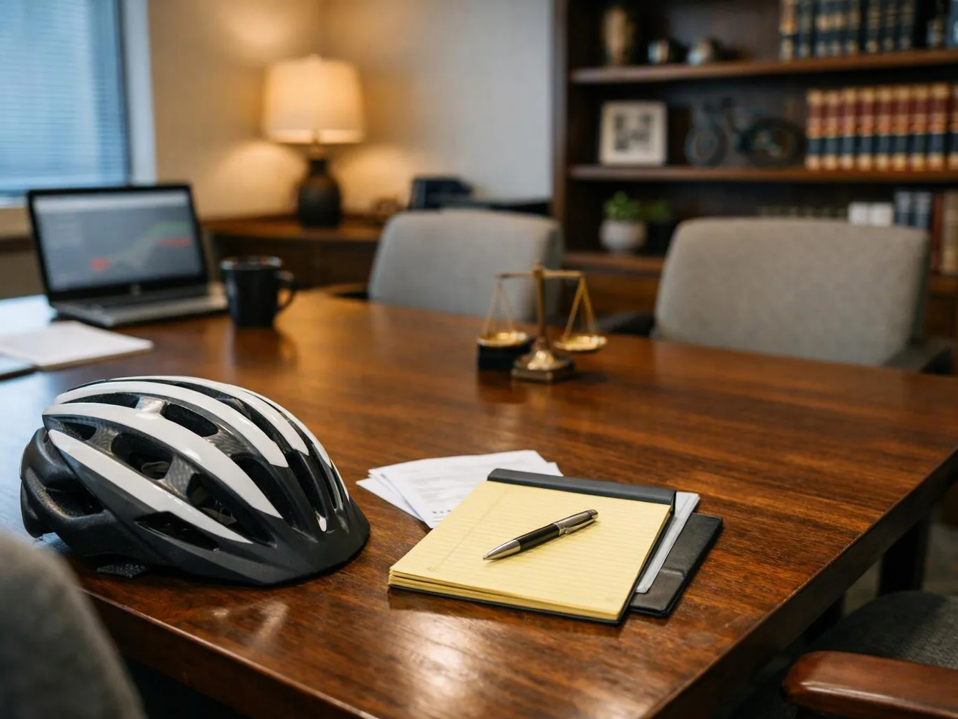 A bike helmet, notepad, pen, and legal scales sit on a polished conference table in a quiet office