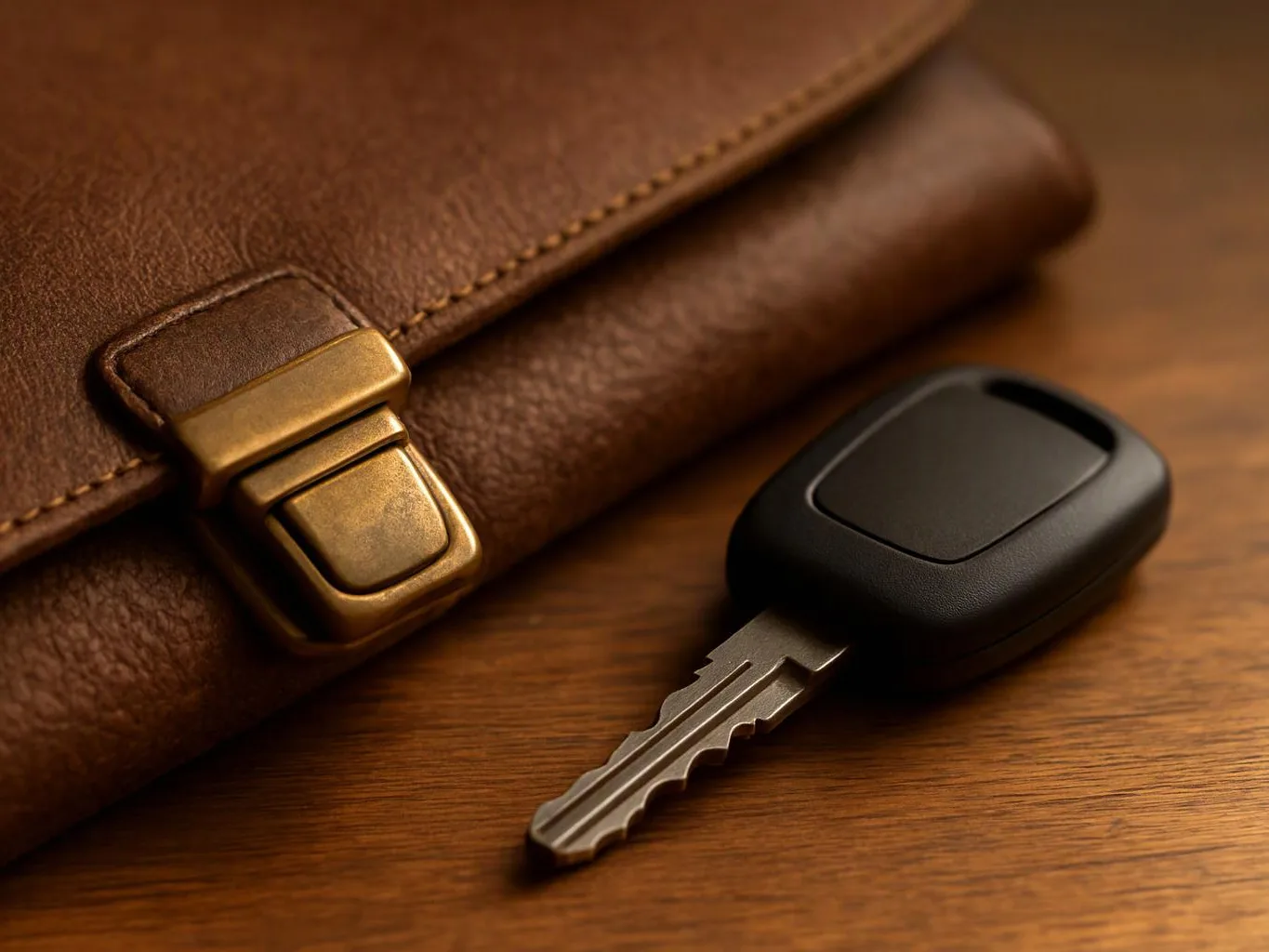 A black car key rests on a wooden surface beside a brown leather wallet with a gold clasp