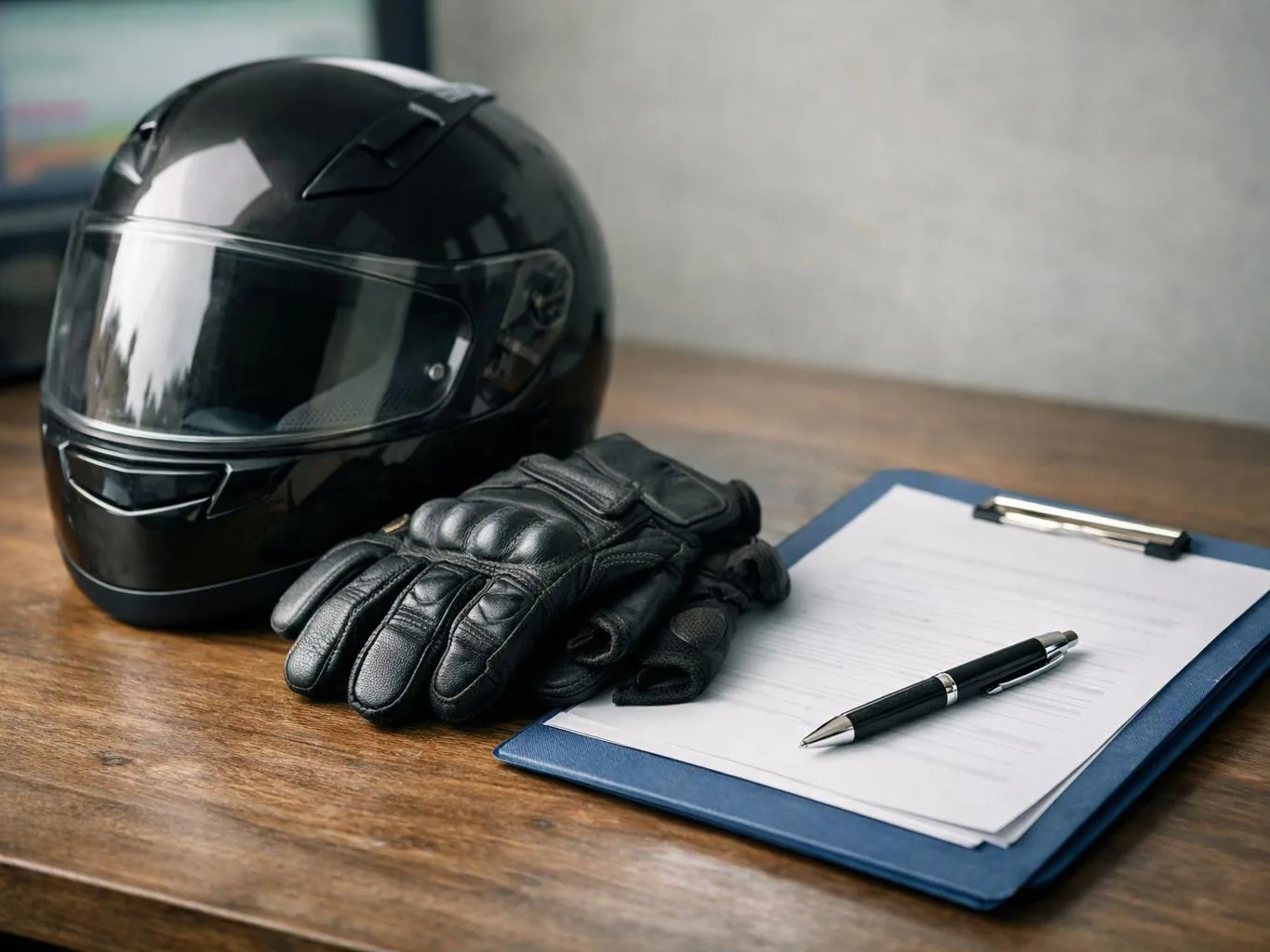 A black motorcycle helmet, leather gloves, and a clipboard with paper sit on a wooden table