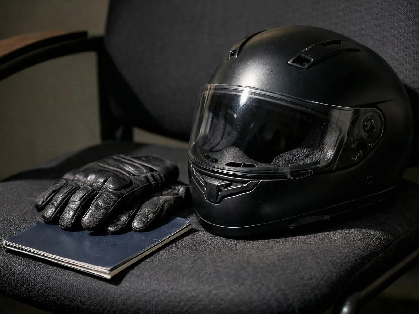 A black motorcycle helmet, leather gloves, and a notebook rest on a dark chair