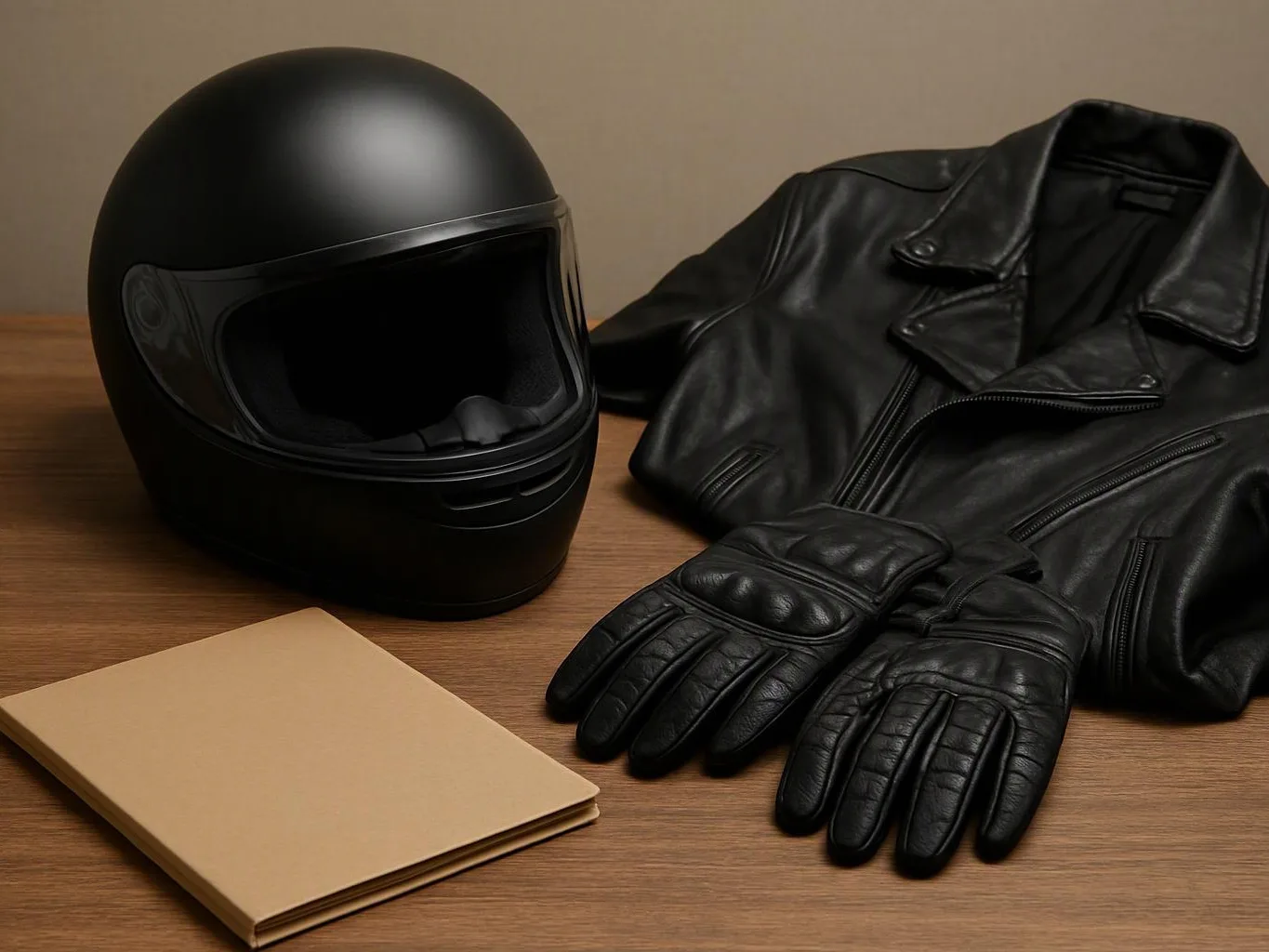 A black motorcycle helmet, leather jacket, gloves, and a tan notebook rest on a wooden table