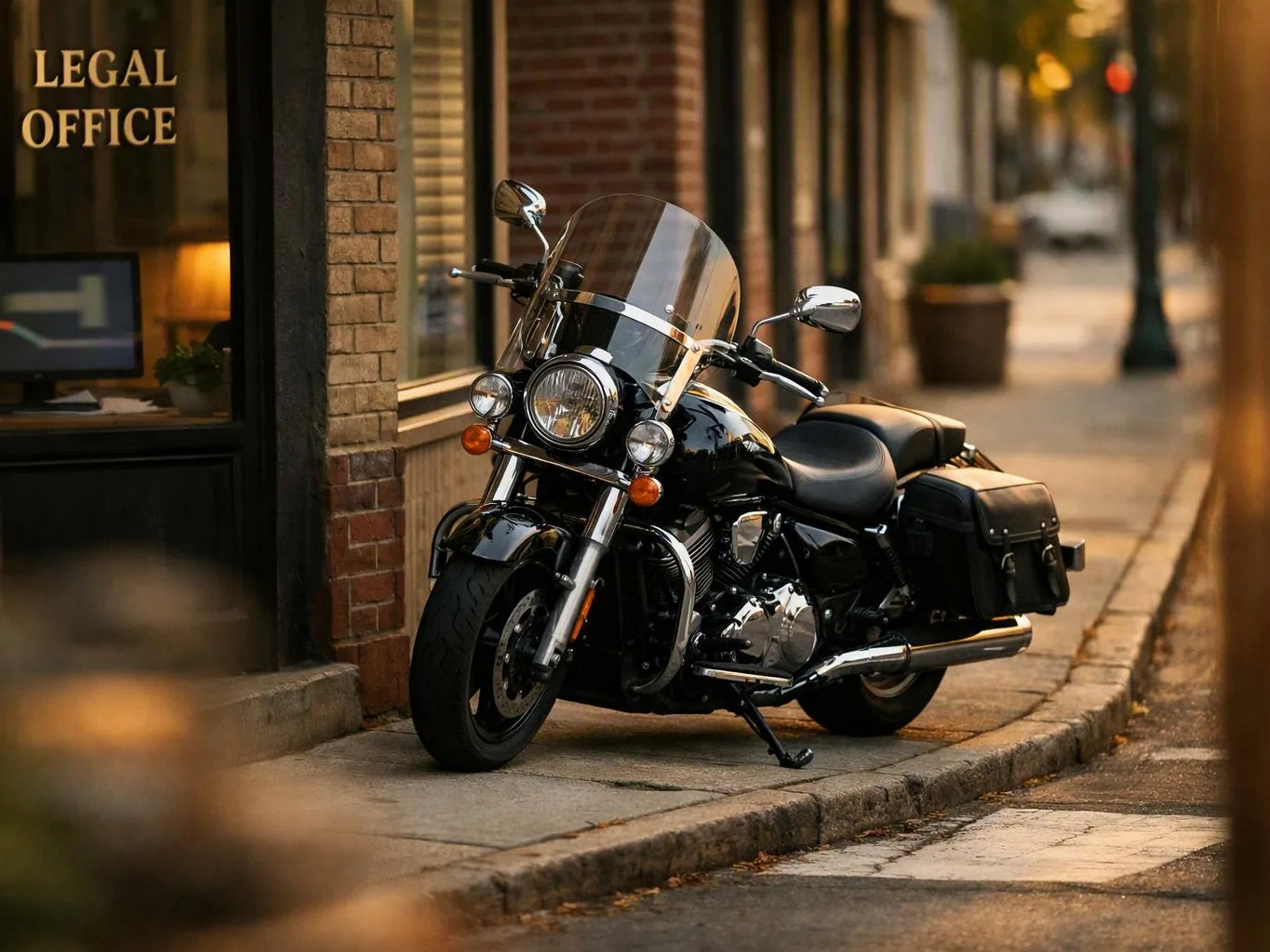 A black motorcycle is parked outside a legal office on a quiet brick-lined sidewalk