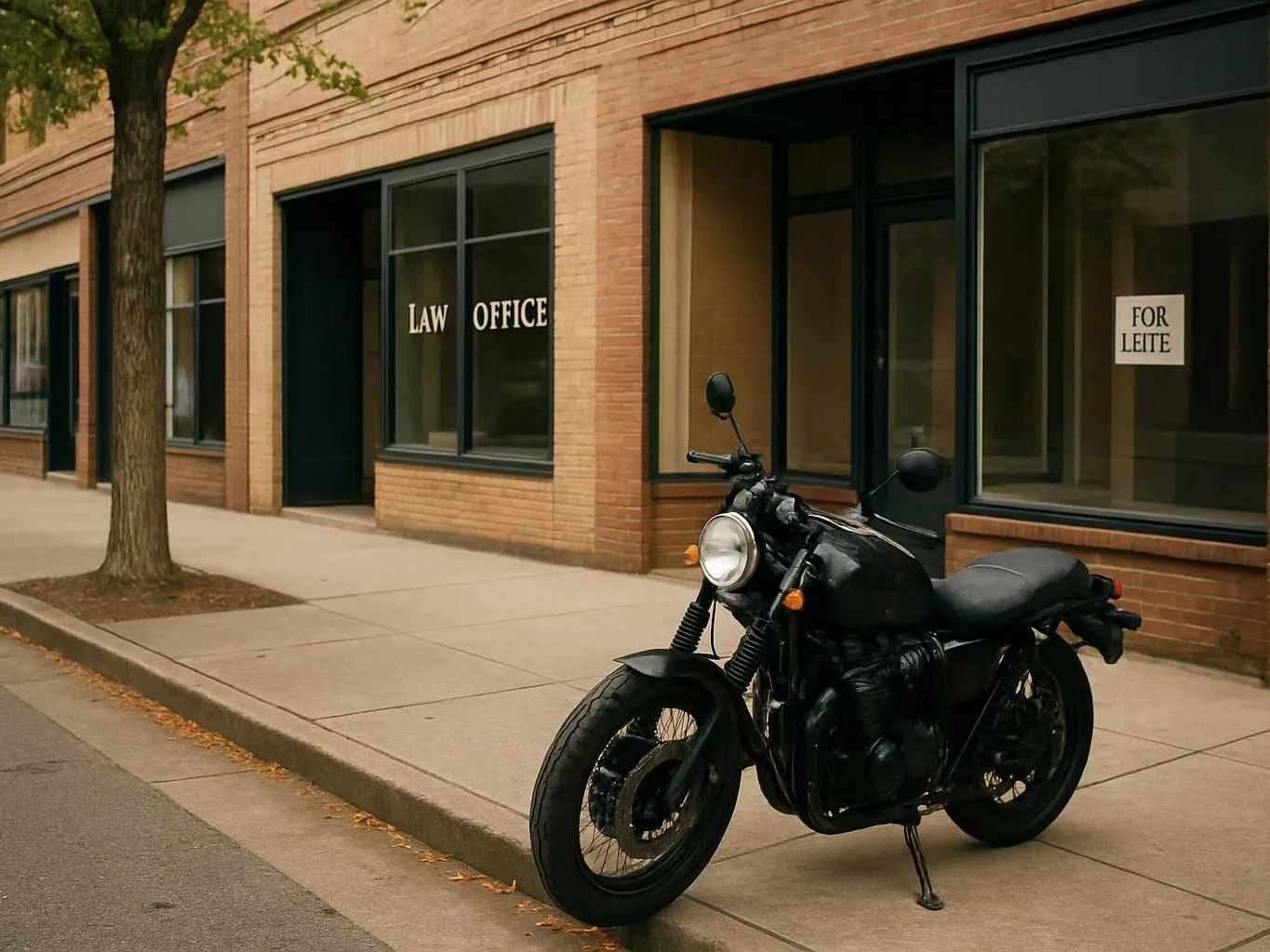 A black motorcycle is parked on a sidewalk outside a brick storefront with “LAW OFFICE” and “FOR LEITE” signs