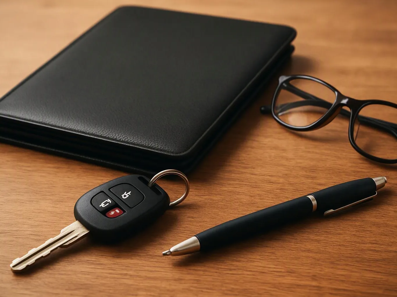 A black notebook, eyeglasses, car key, and pen rest on a wooden desk