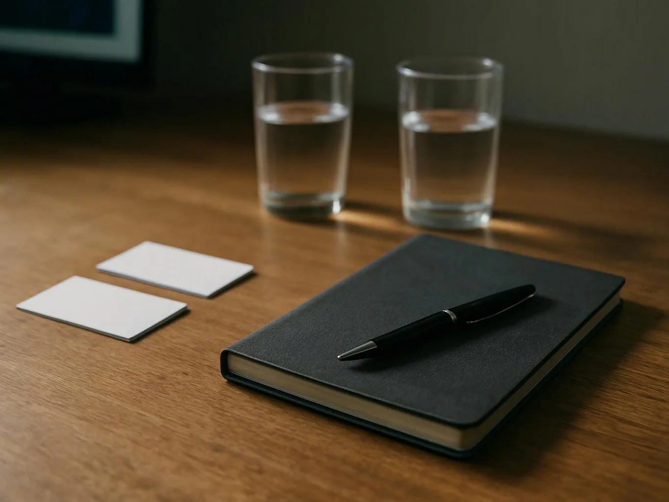 A black notebook and pen sit on a wooden table beside two blank cards and two water glasses