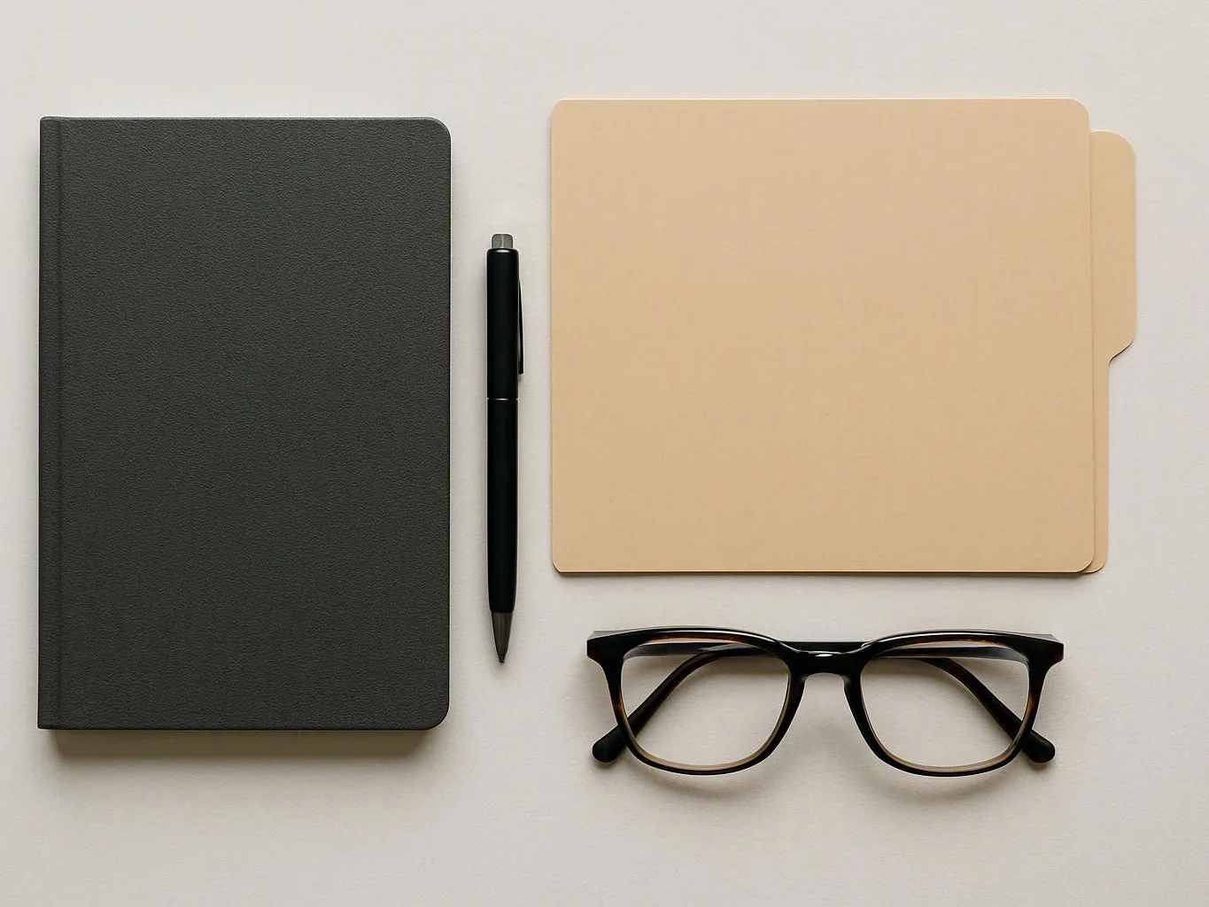 A black notebook, pen, tan folder, and eyeglasses lie neatly arranged on a light surface