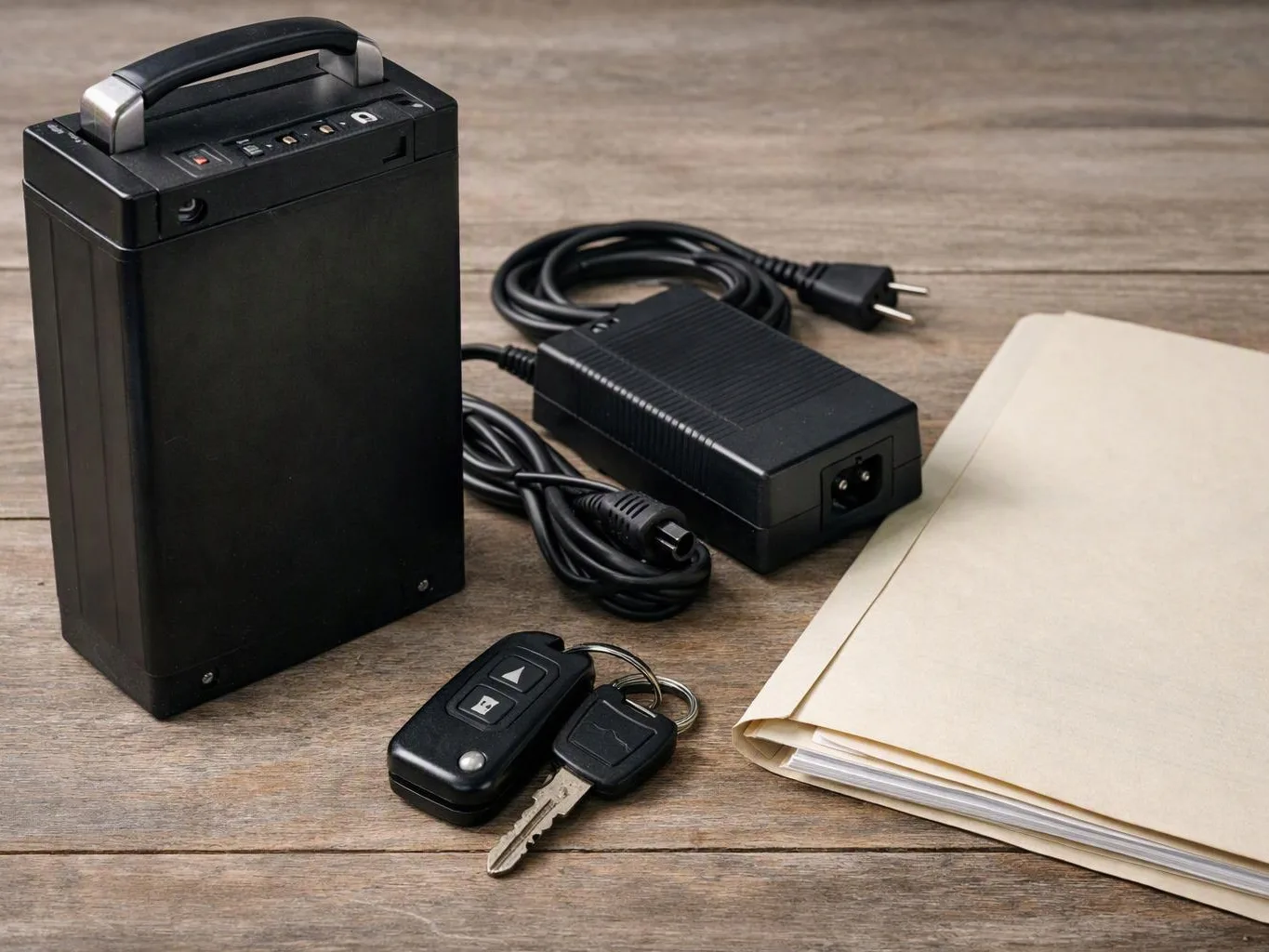 A black portable battery pack sits beside a power adapter, car key, and folder on a wooden table