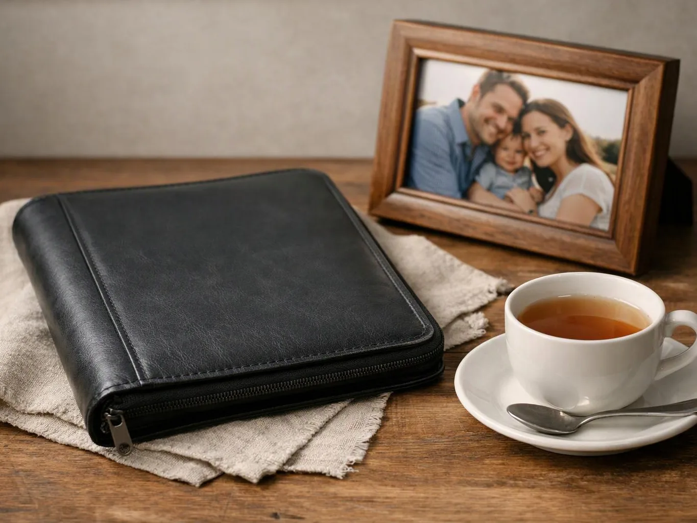 A black zippered binder, a cup of tea, and a framed family photo sit on a wooden table