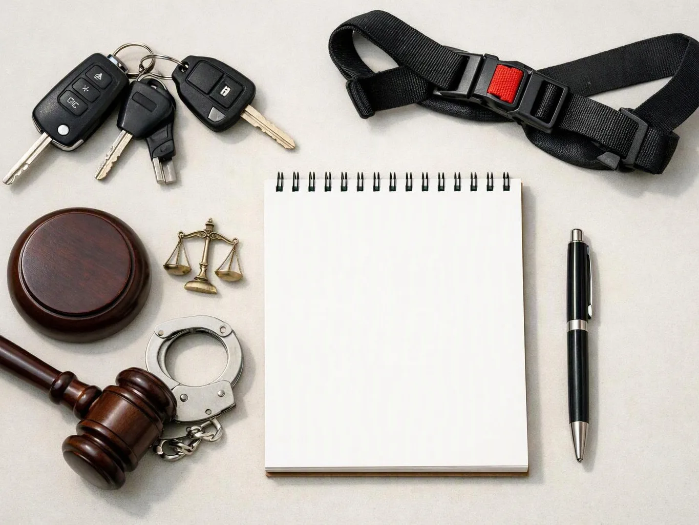 Blank notepad surrounded by keys, handcuffs, gavel, scales, and a black pen on a light surface