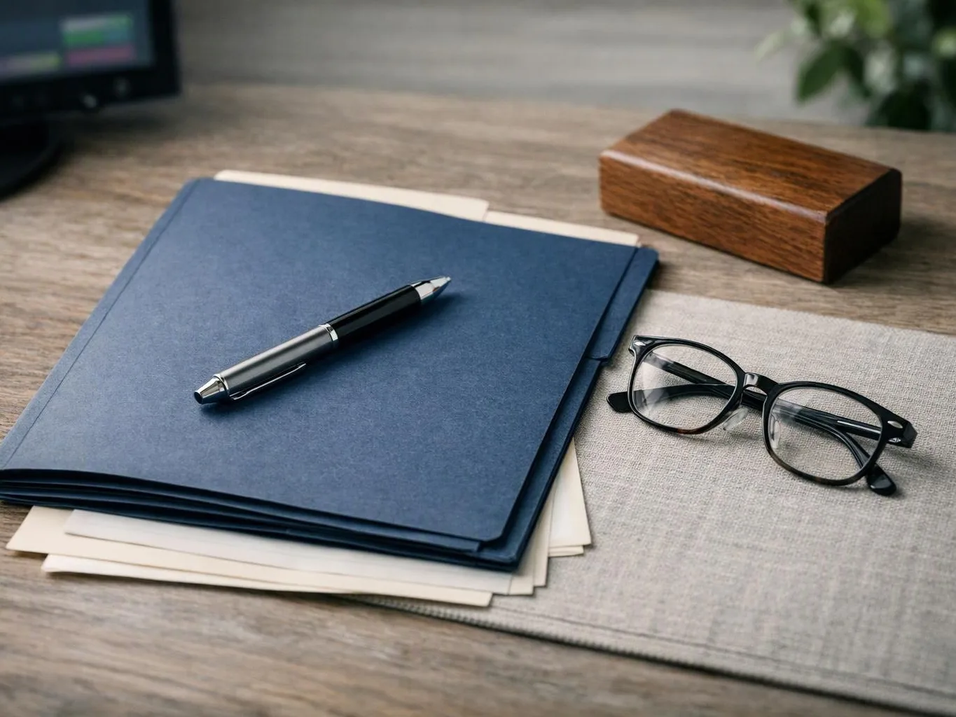 A blue folder with papers and a pen sits beside eyeglasses and a wooden block on a desk
