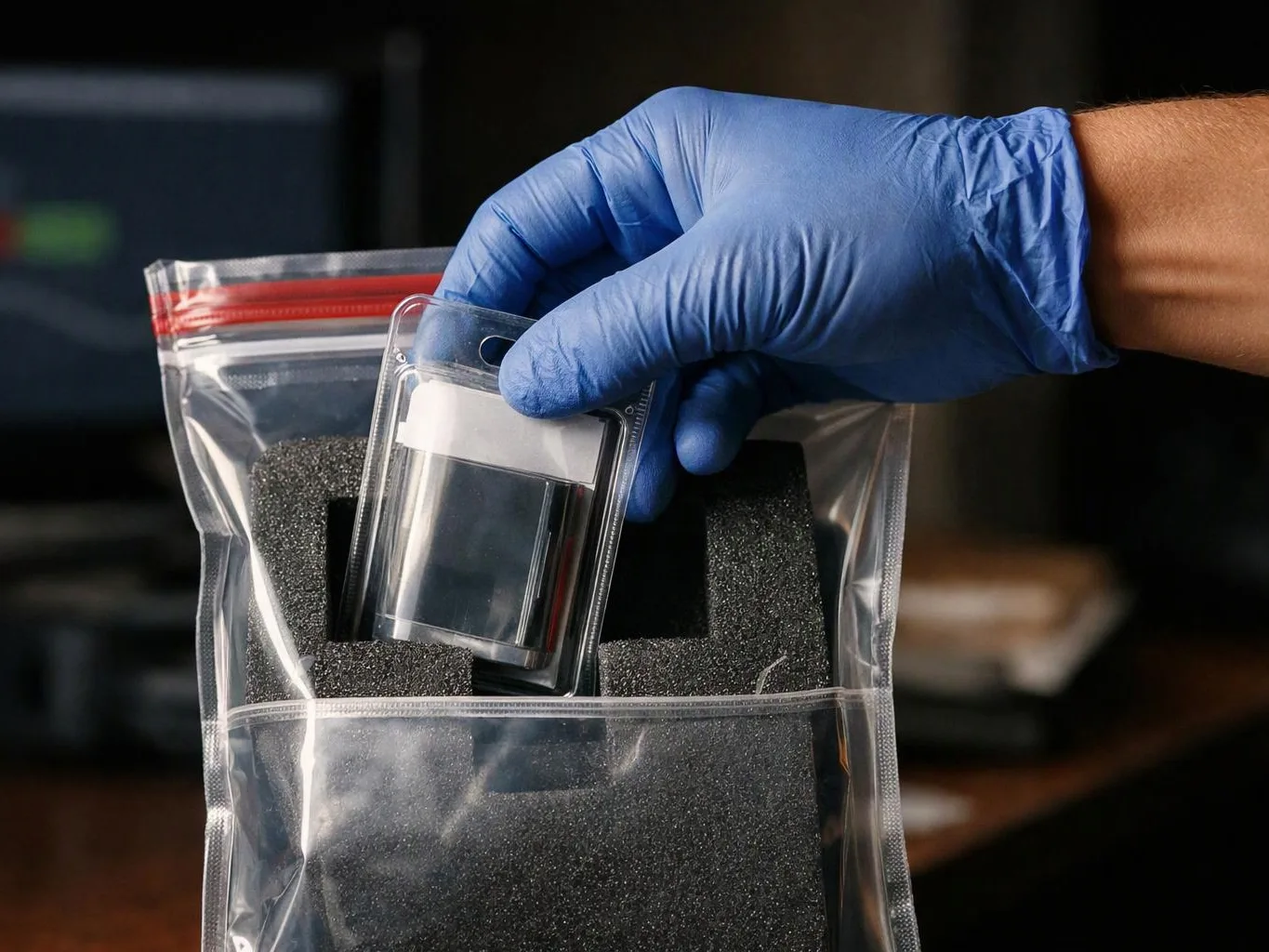 A blue-gloved hand holds a clear plastic case and foam-lined zip bags against a dark blurred background