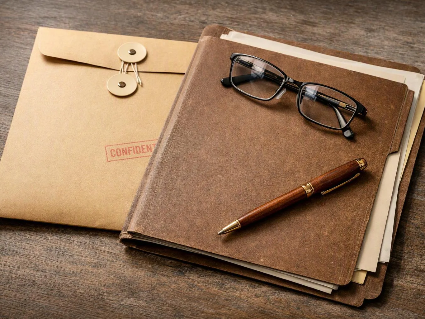 A brown folder with glasses and a pen rests on a sealed envelope on a wooden table