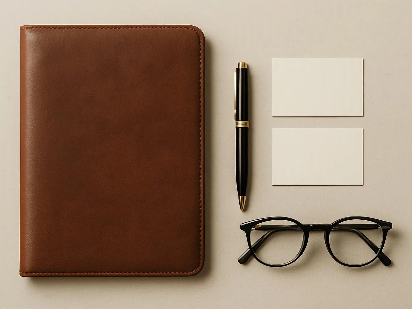 A brown leather notebook sits beside a black pen, two blank cards, and black eyeglasses on a beige surface