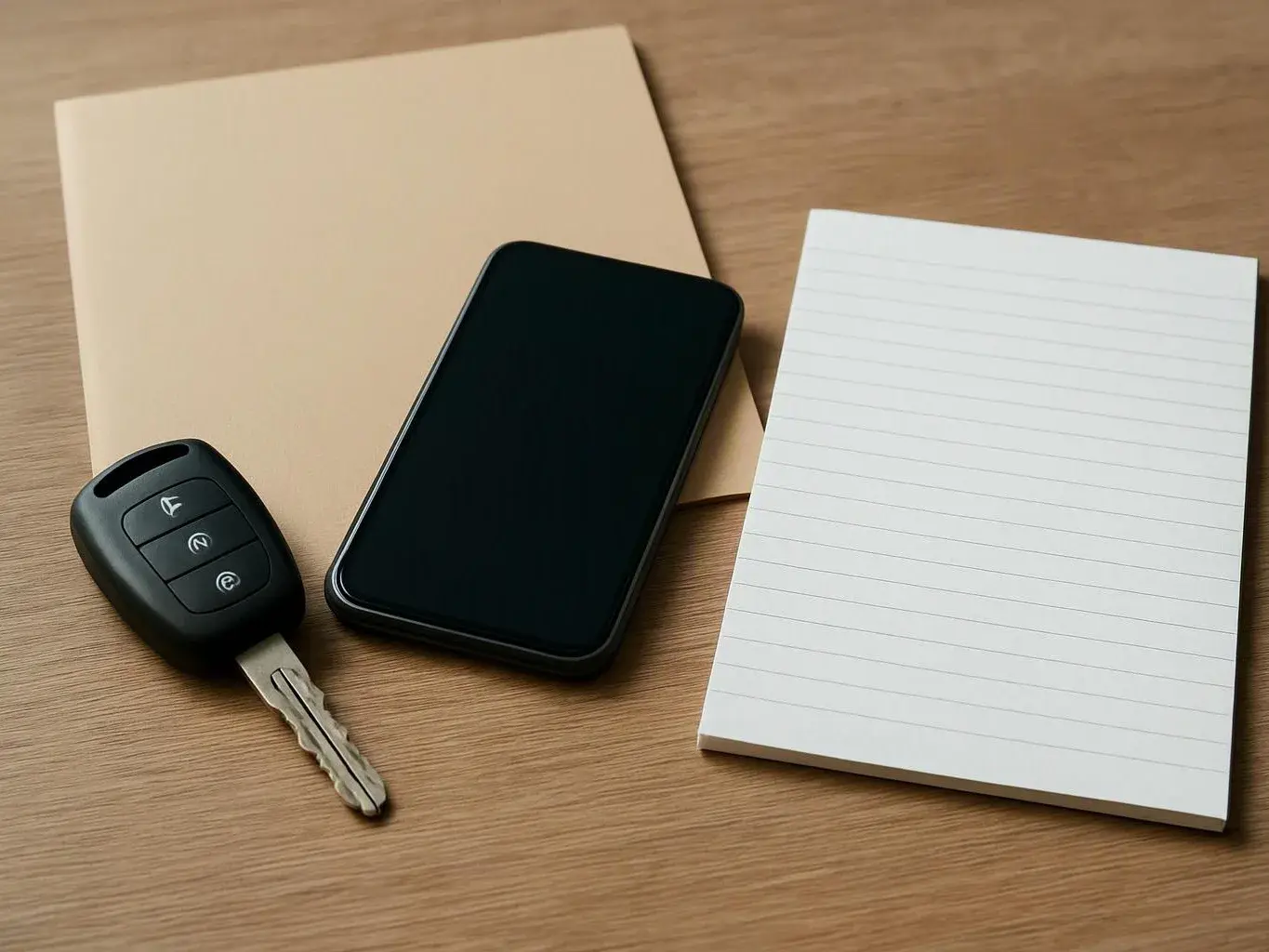 A car key, smartphone, folder, and lined notepad lie on a wooden table