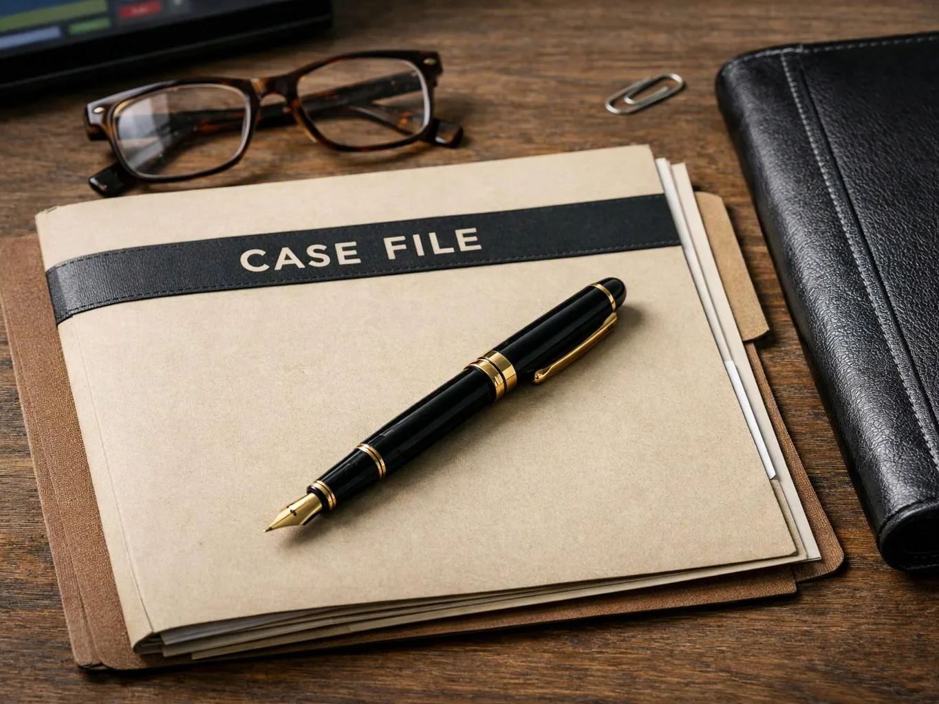 A case file folder, fountain pen, eyeglasses, paper clip, and black leather portfolio rest on a wooden desk