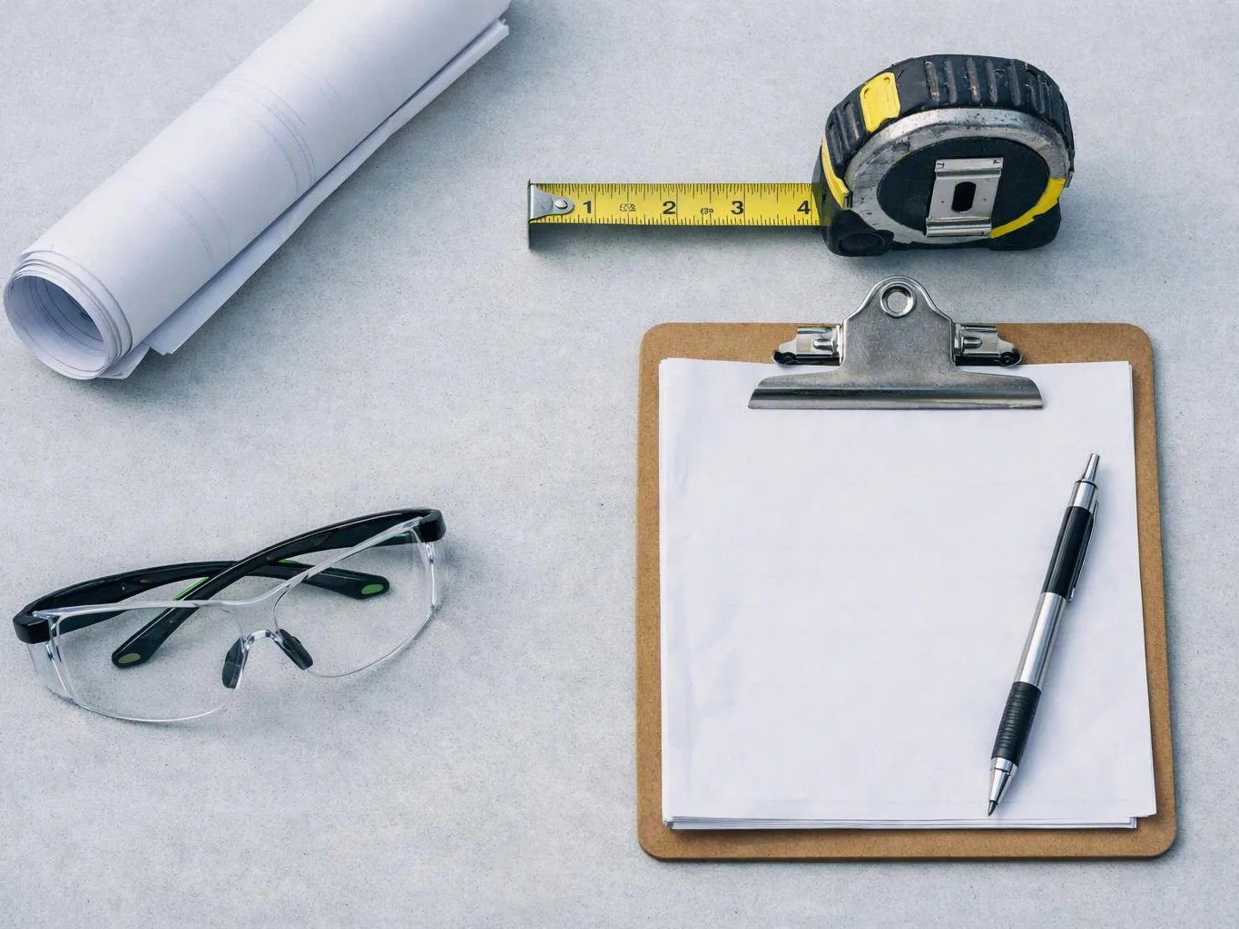 A clipboard with blank paper and a pen sits beside rolled plans, safety glasses, and a tape measure on a gray surface