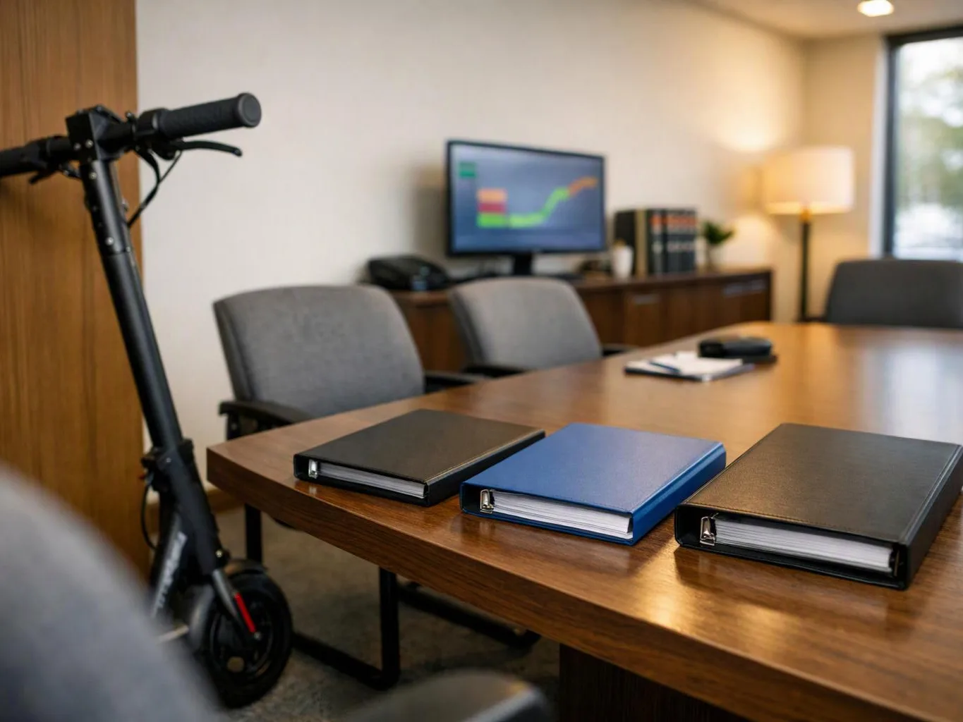 A conference room table holds three binders, with a scooter parked beside chairs and a TV in the background