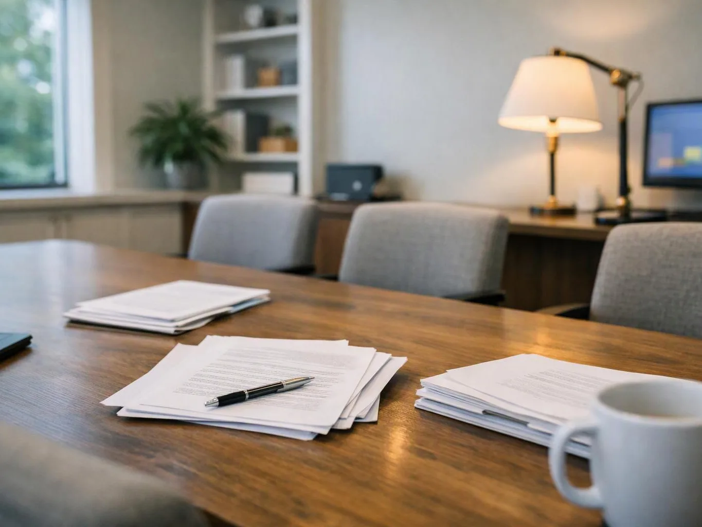 A conference table holds paper stacks and a pen in a quiet office with chairs and a desk lamp