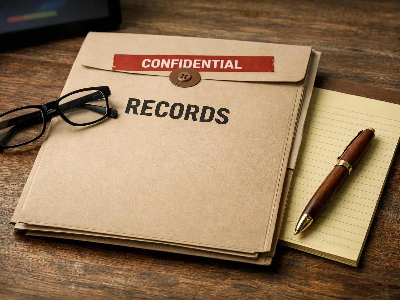 A confidential records folder sits on a wooden desk beside glasses, a notepad, and a pen