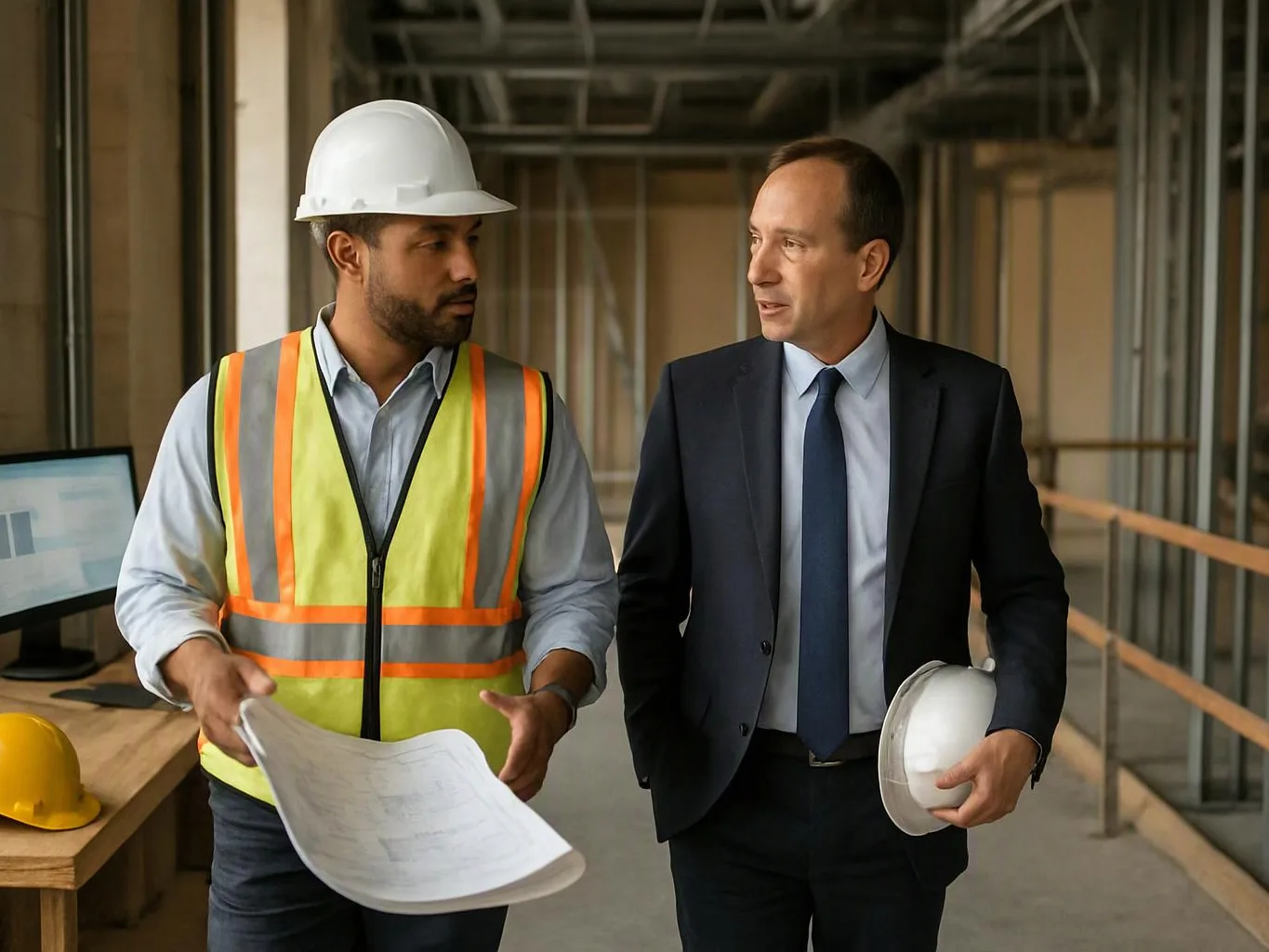 A construction worker in a safety vest talks with a suited man holding a hard hat inside an unfinished building