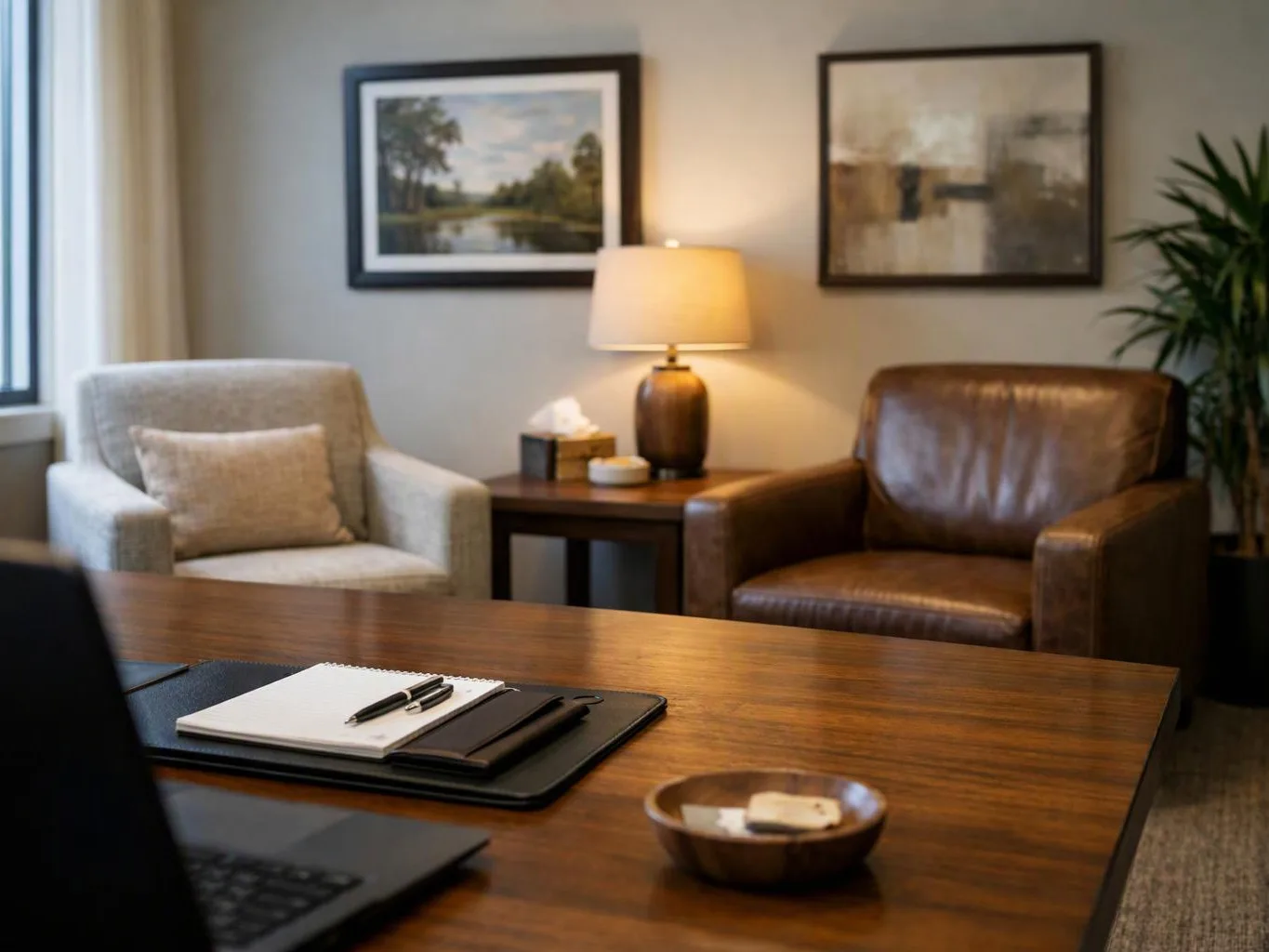 A cozy office lounge with armchairs, a lit lamp, framed art, and a desk with a notebook, pen, and laptop