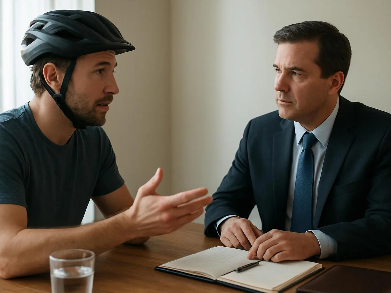 A cyclist in a helmet talks to a suited man at a table with a notebook and glass of water