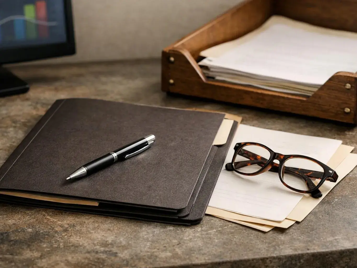 A desk holds a black folder with a pen, glasses, and stacked papers beside a wooden tray