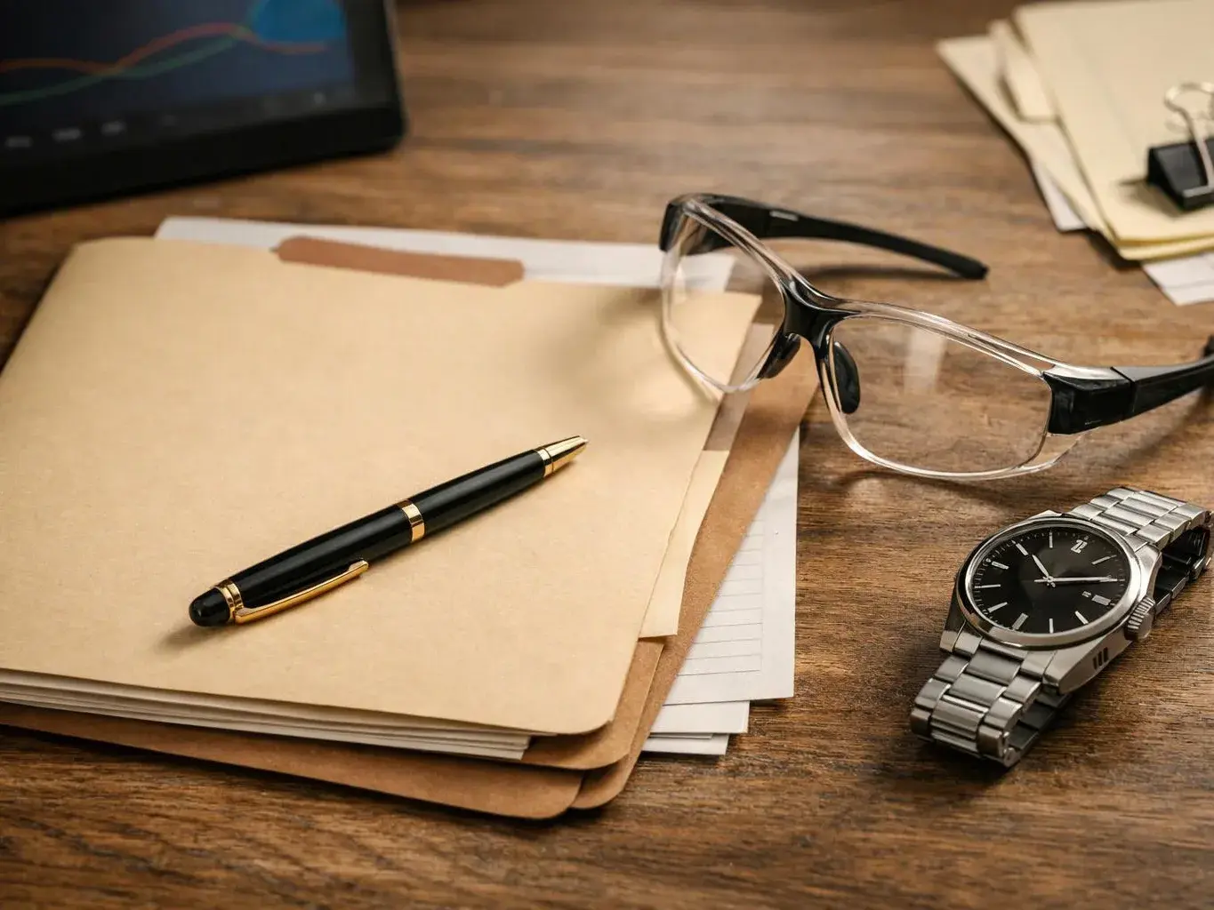 A desk holds folders, a pen, eyeglasses, a wristwatch, and papers beside a tablet screen