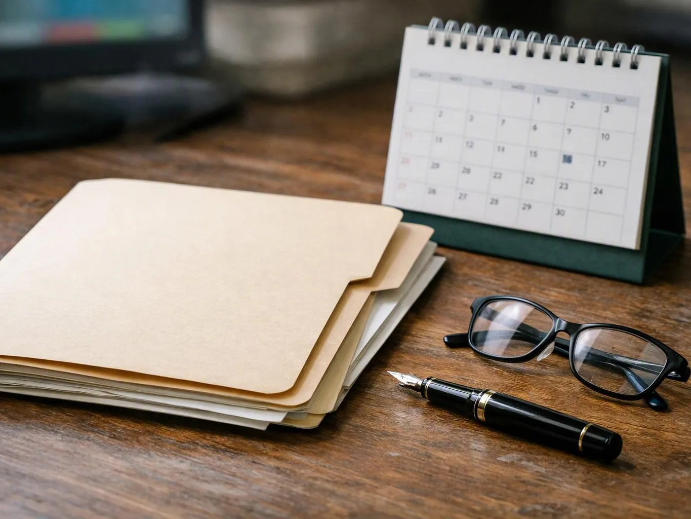 A desk holds stacked folders, a small calendar, eyeglasses, and a fountain pen on a wooden surface