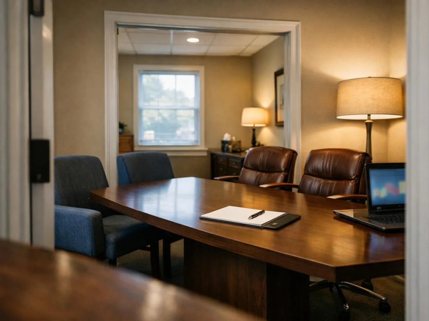An empty conference room has a wooden table, chairs, a laptop, and warm lamps beside a window