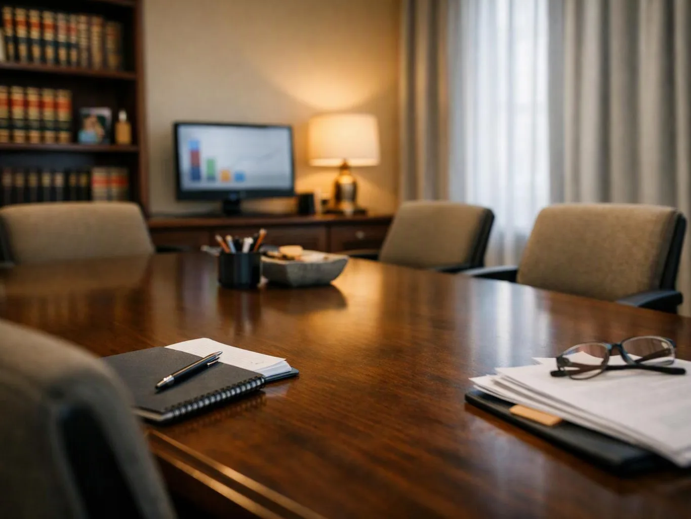 An empty conference room shows a polished wooden table, chairs, notebooks, glasses, a lamp, and a computer screen