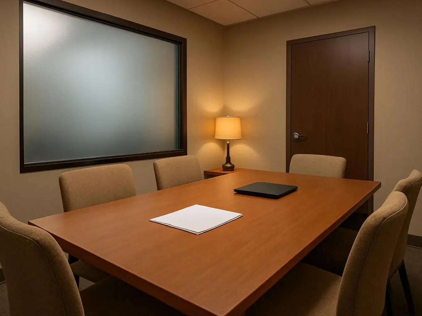 An empty conference room shows a wooden table, six beige chairs, a lamp, and a frosted window area