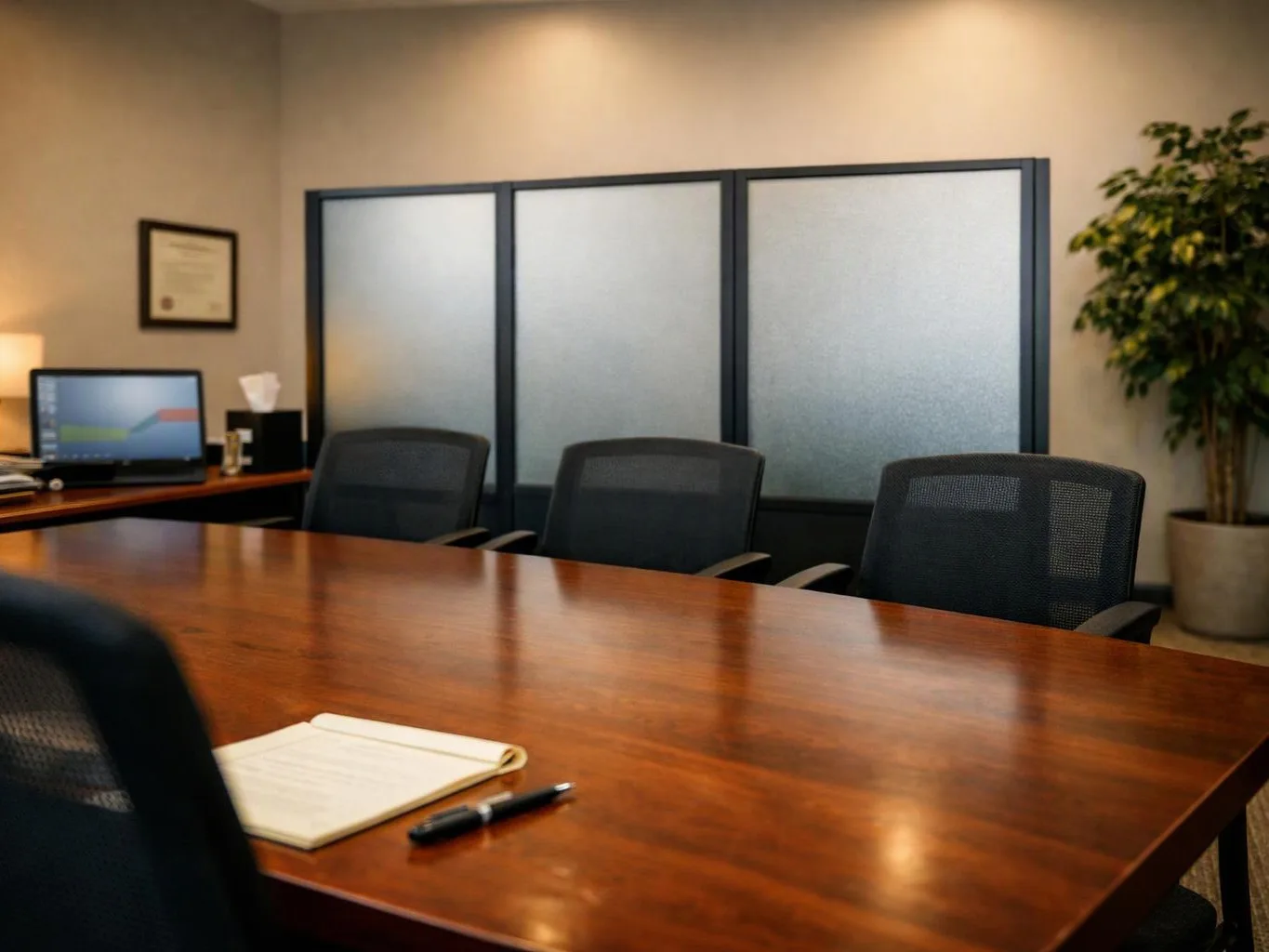 Empty conference room with a wooden table, mesh chairs, laptop, notebook, pen, frosted partitions, and a potted tree