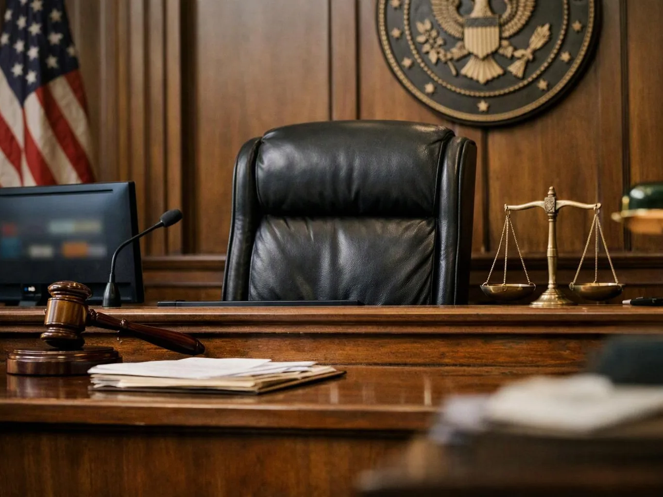 An empty courtroom bench with a black chair, gavel, scales, microphone, flag, and seal against wood paneling