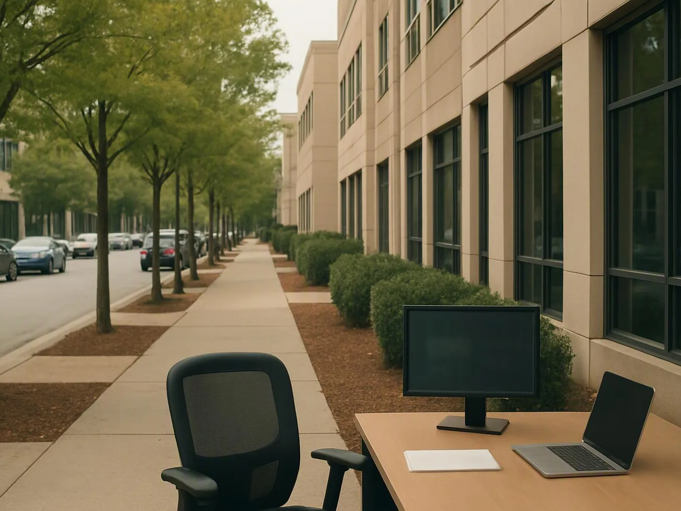 An empty desk with a monitor, laptop, and notebook sits on a sidewalk beside an office building and trees