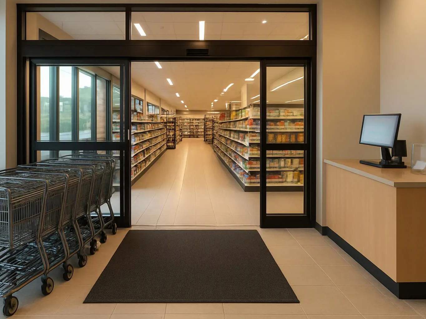 An empty grocery store entrance shows stacked carts, a black mat, and bright aisles of shelves inside