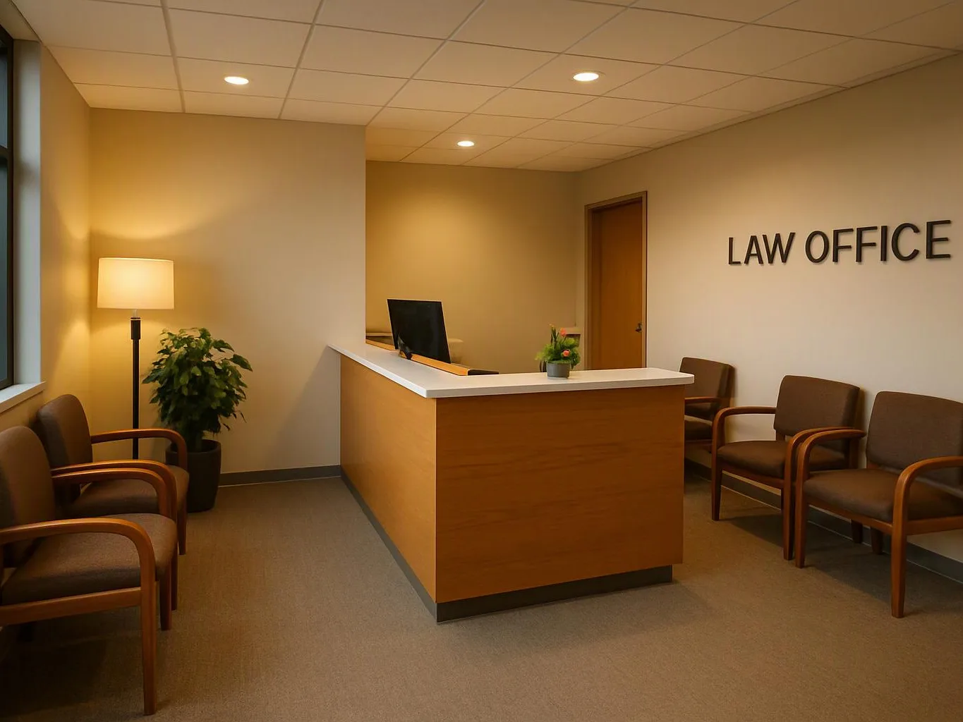 Empty law office waiting room with chairs, a reception desk, lamp, plant, and wall sign