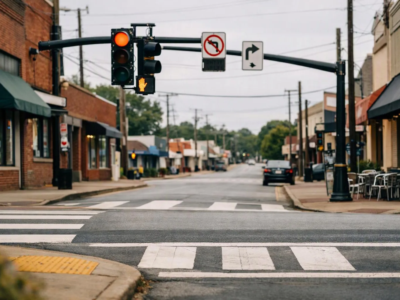 Empty small-town street with a red traffic light, crosswalks, and storefronts lining both sides