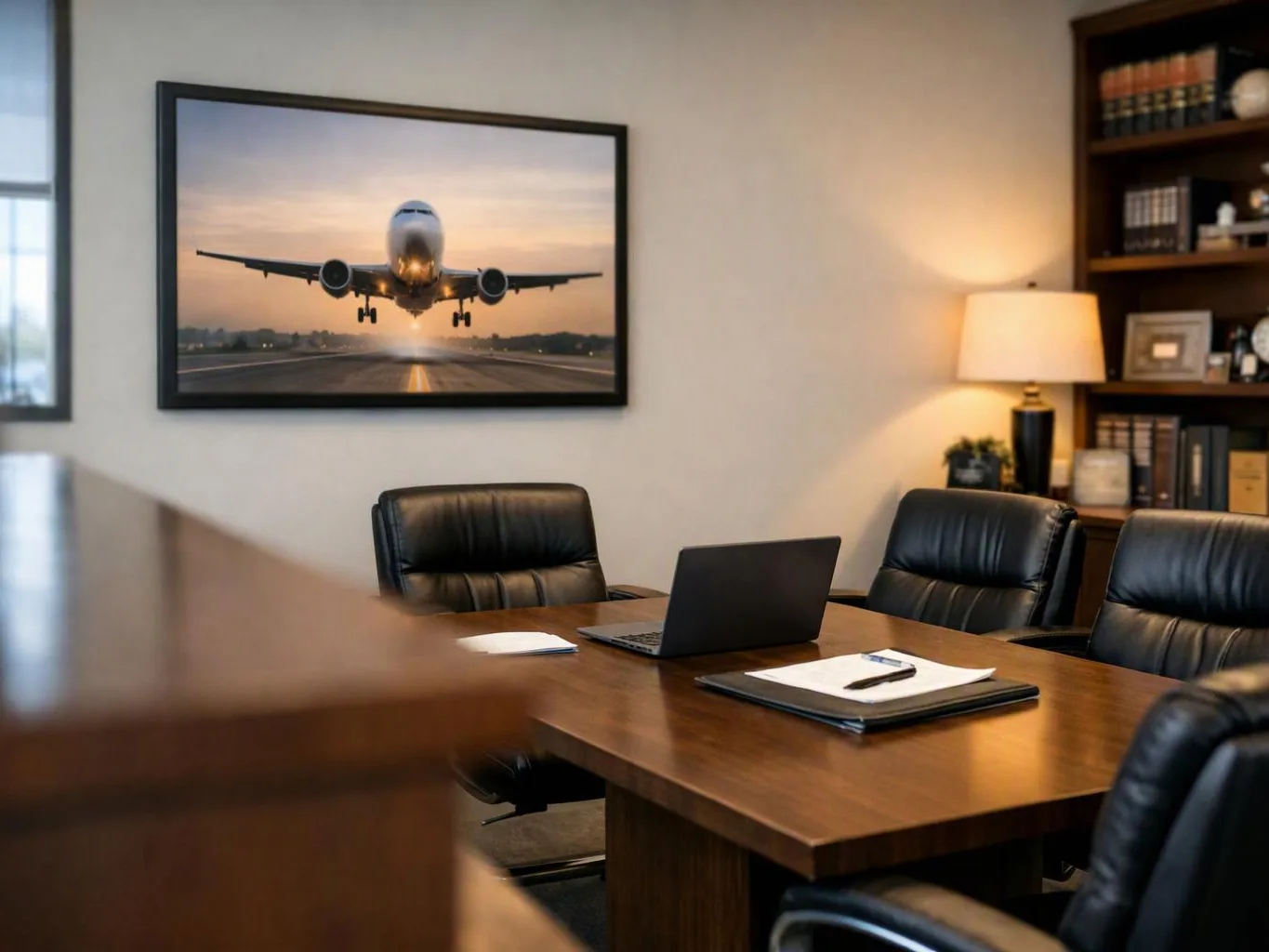 A framed airplane photo hangs above a quiet conference table with a laptop and black leather chairs