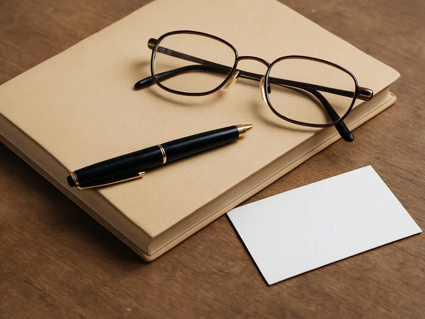 Glasses and a black pen rest on a beige notebook beside a blank white card on a wooden table