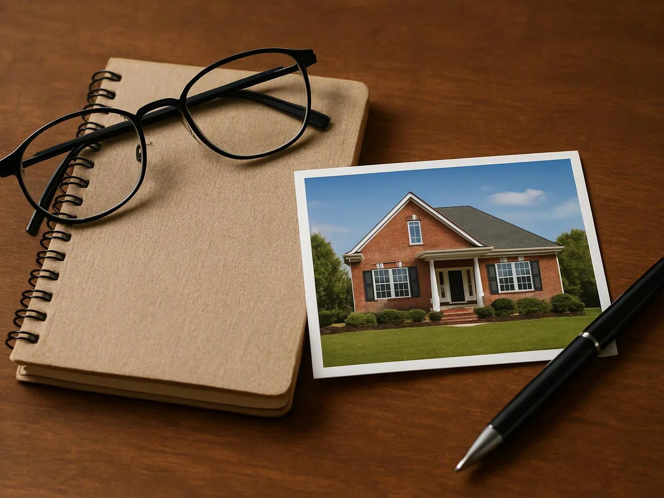 Glasses rest on a notebook beside a house photo and a pen on a wooden table