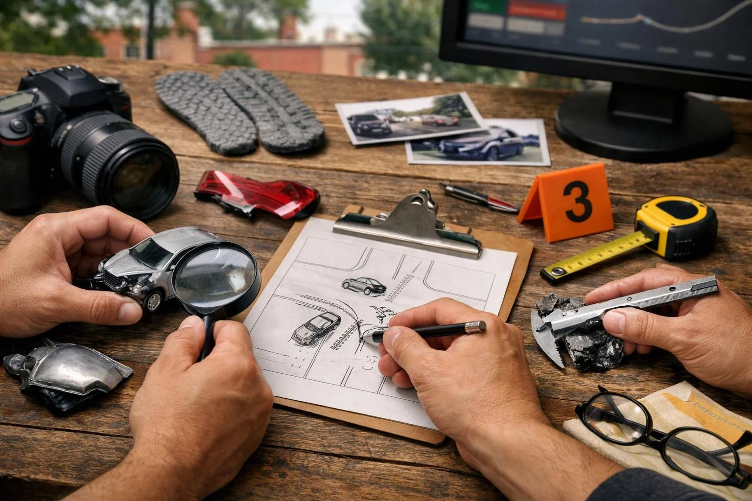 Hands inspect a car crash reconstruction on a clipboard, with camera gear and evidence on a wooden table