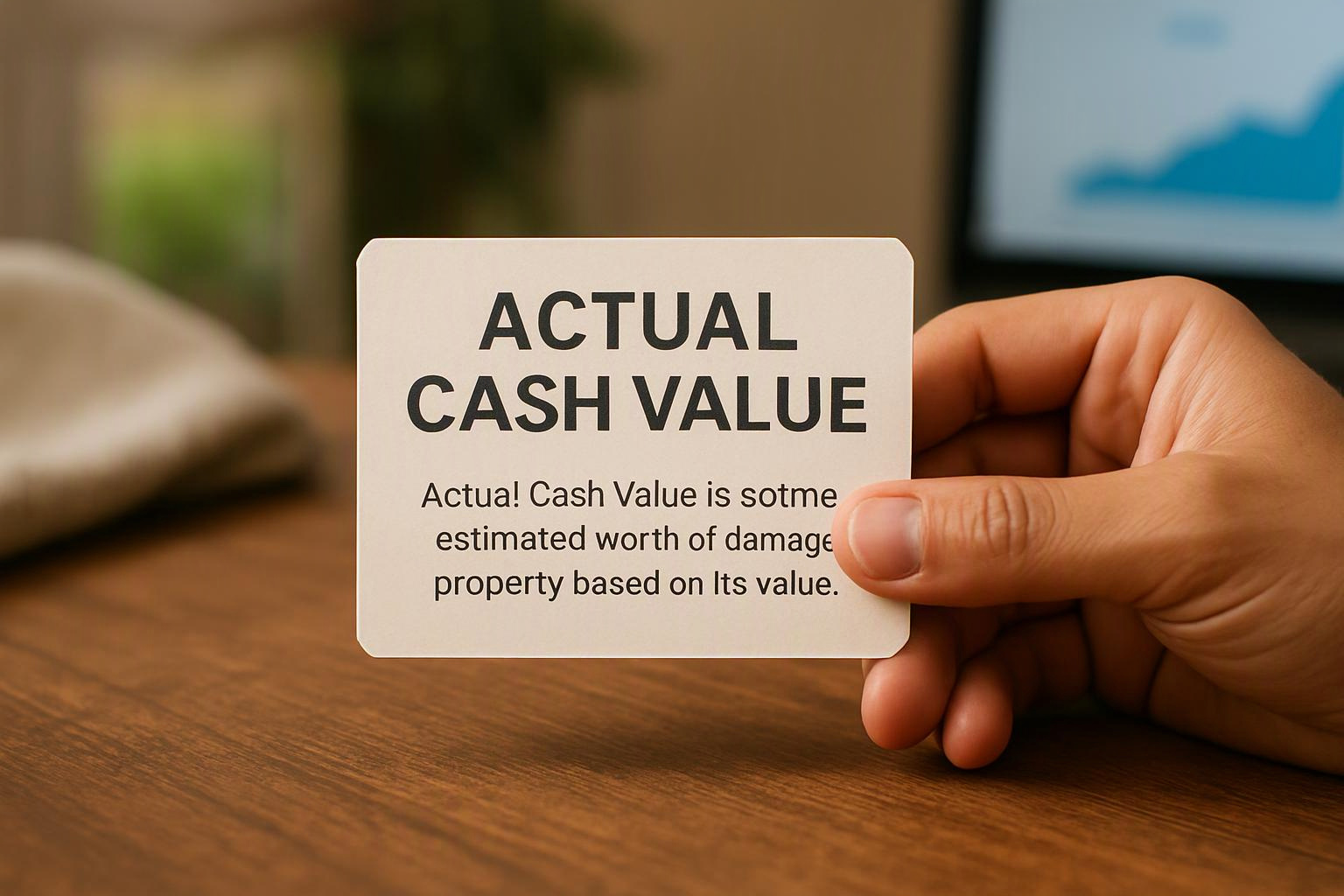 A hand holds a card reading “ACTUAL CASH VALUE” over a wooden desk with a blurred screen in back