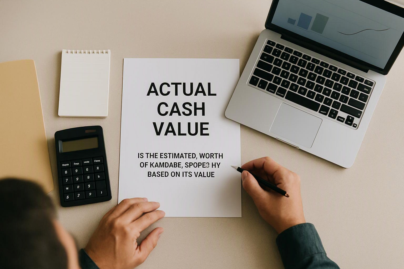 Hands write on a paper titled “ACTUAL CASH VALUE” beside a calculator and laptop on a desk