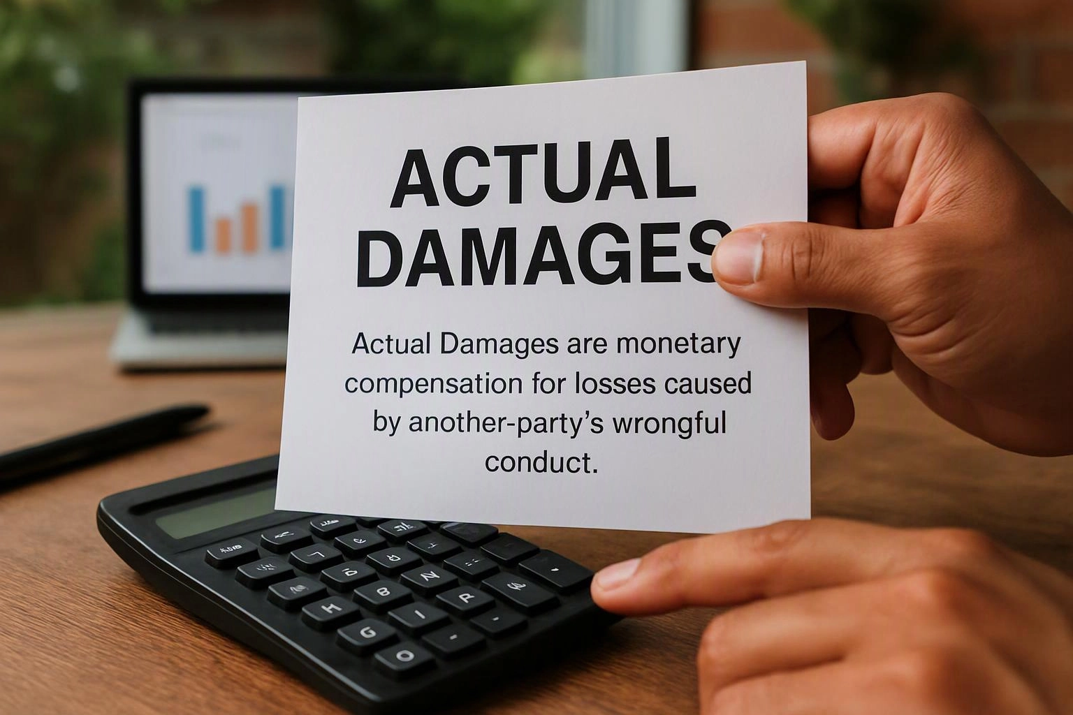 A hand holds a card reading “ACTUAL DAMAGES” above a calculator on a desk with a blurred laptop behind it