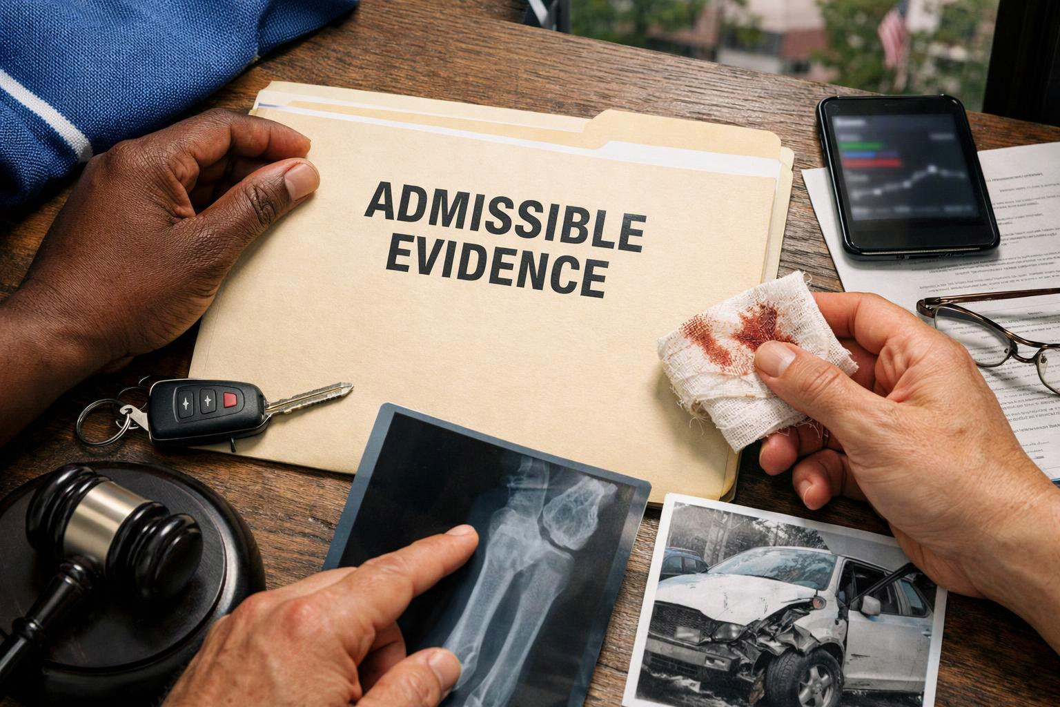 Hands inspect an evidence folder, a bloodied bandage, an X-ray, and a wrecked car photo on a desk