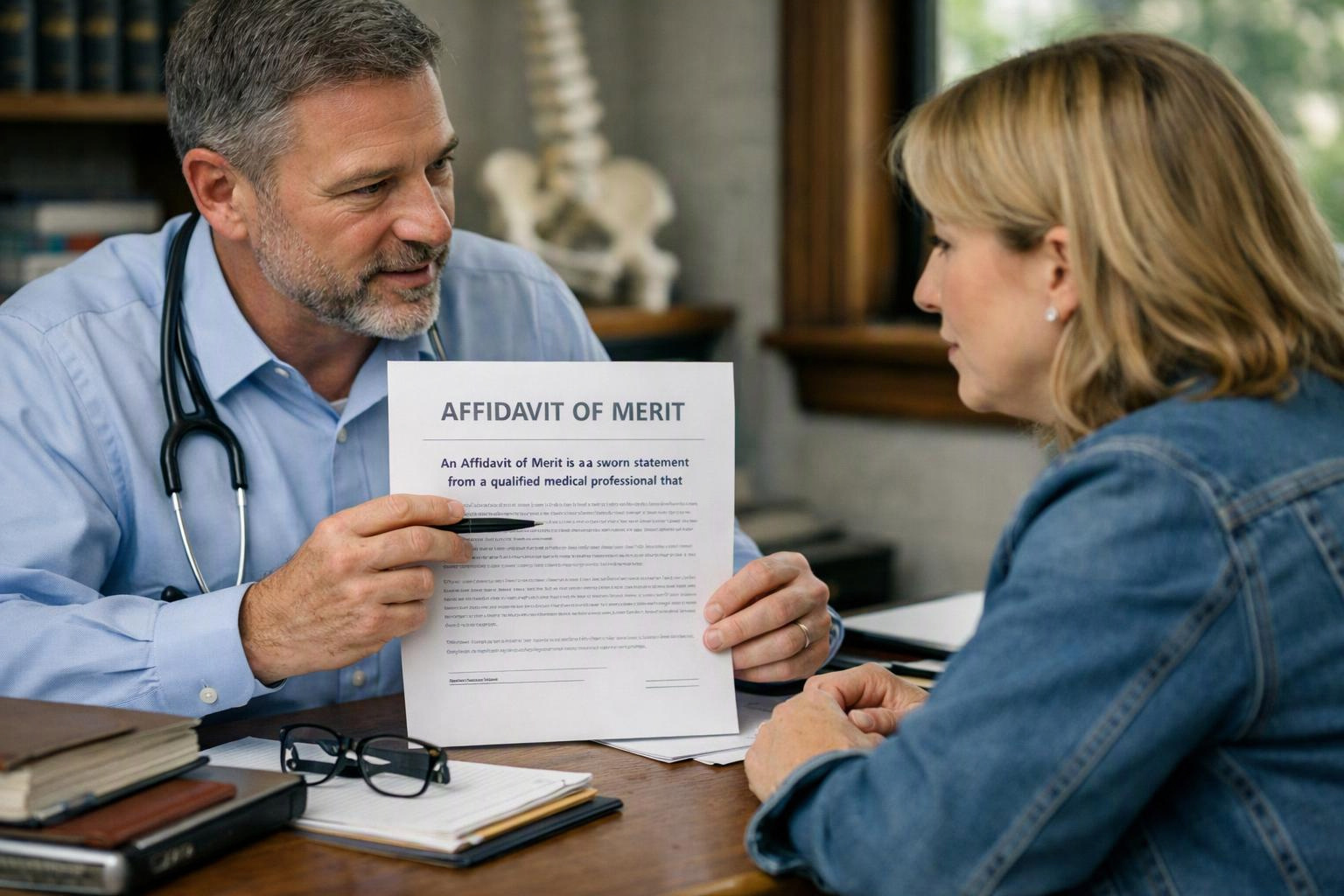 A doctor shows a woman an affidavit of merit document across a desk in a consultation room